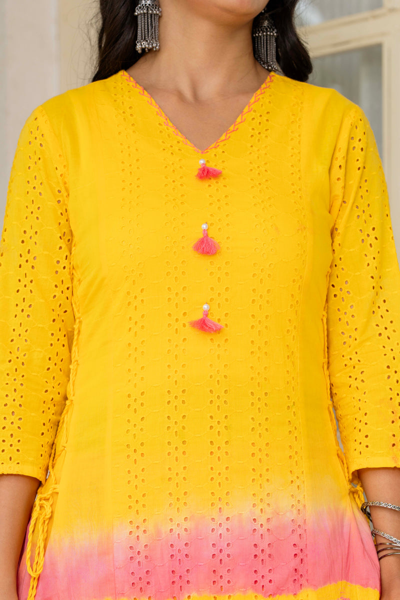 Women Tie& Dye Cotton Straight Shape Kurta , Pant With Dupatta