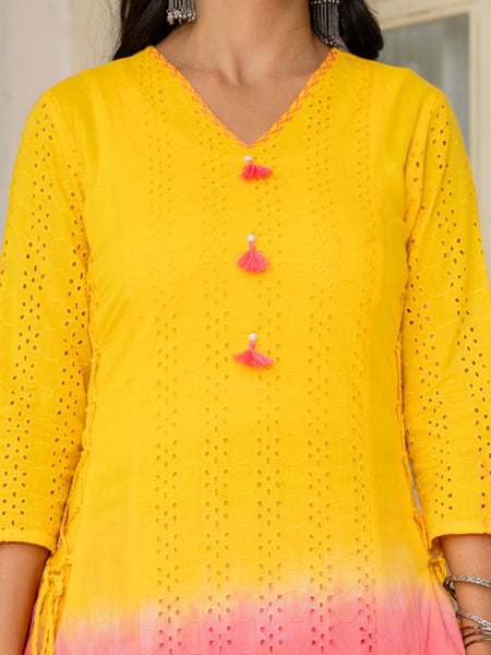 Women Tie& Dye Cotton Straight Shape Kurta , Pant With Dupatta