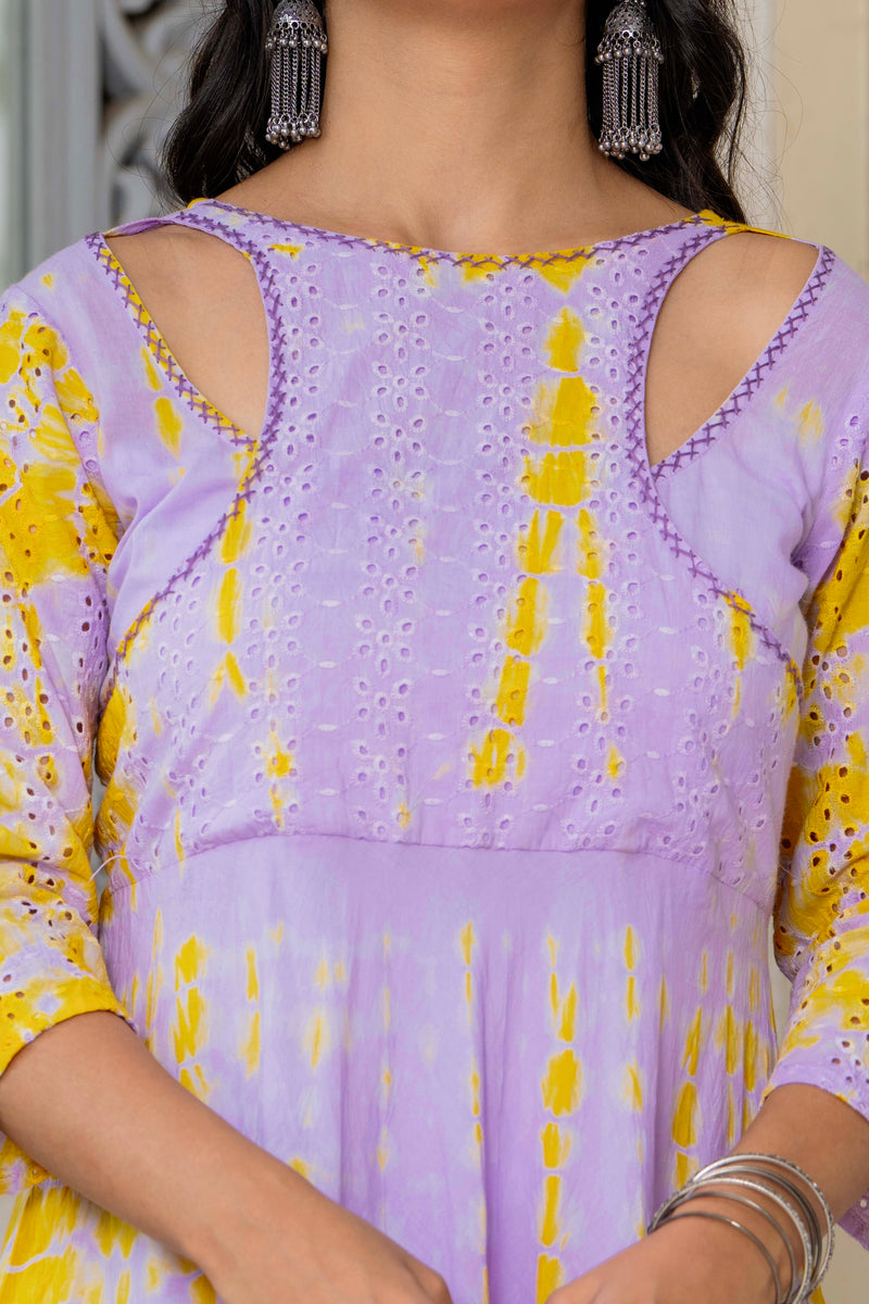 Women Tie& dye Mulcotton Anarkali Shape Kurta, Pant With Dupatta