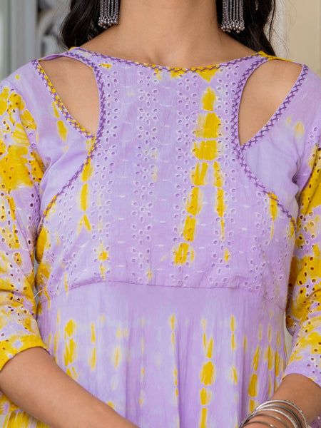 Women Tie& dye Mulcotton Anarkali Shape Kurta, Pant With Dupatta