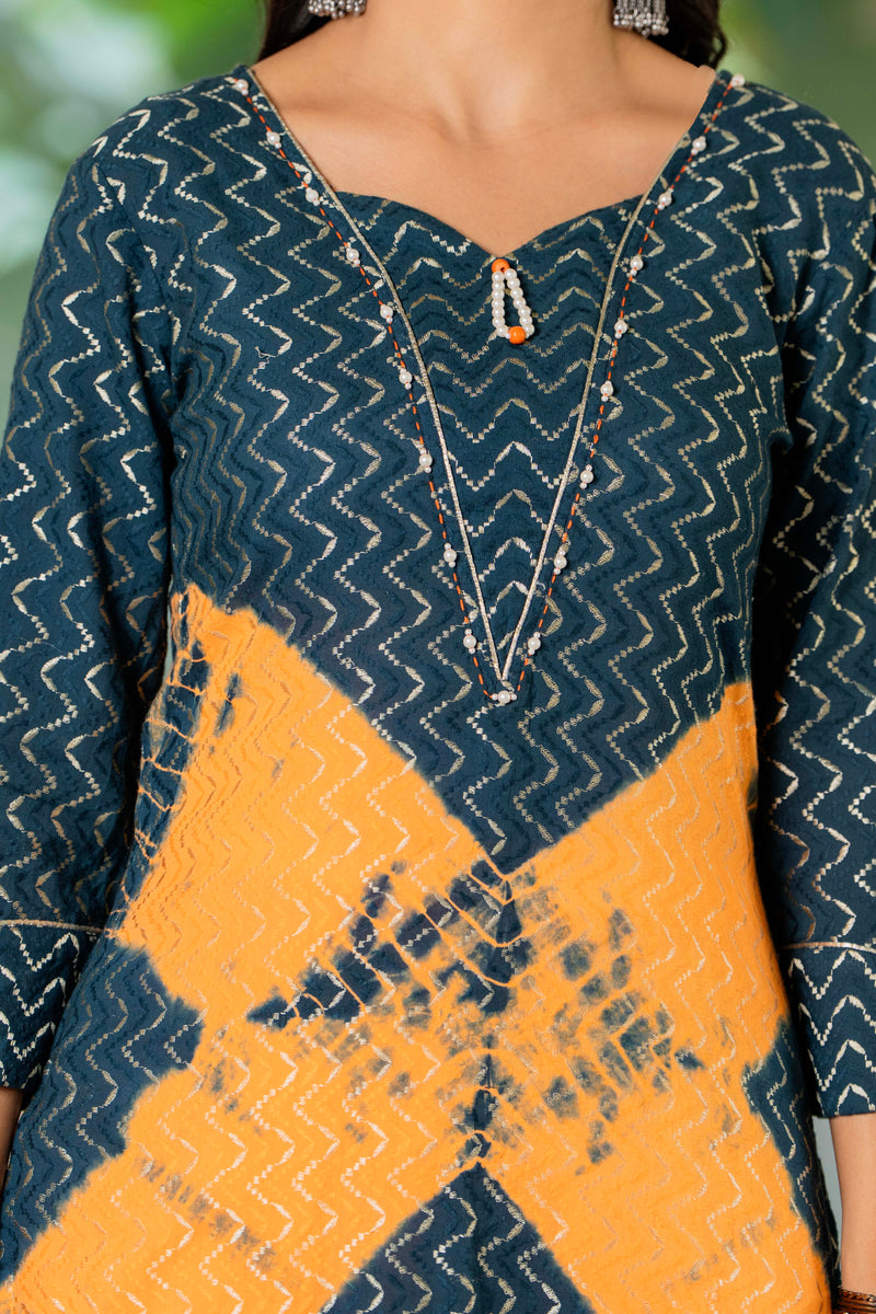 Women Tie& Dye Cotton Lapet Straight Shape Kurta , Pant With Dupatta