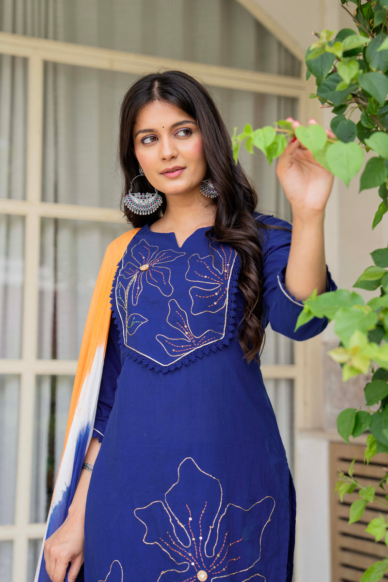 Women Blue Manual Embroiderey Straight Shape Kurta , Pant With Dupatta