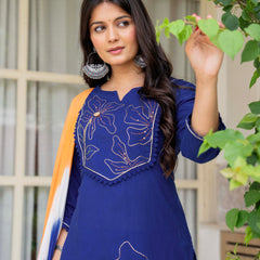 Women Blue Manual Embroiderey Straight Shape Kurta , Pant With Dupatta