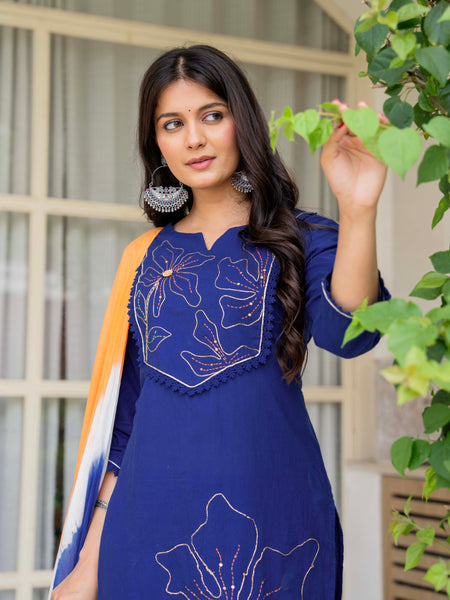 Women Blue Manual Embroiderey Straight Shape Kurta , Pant With Dupatta