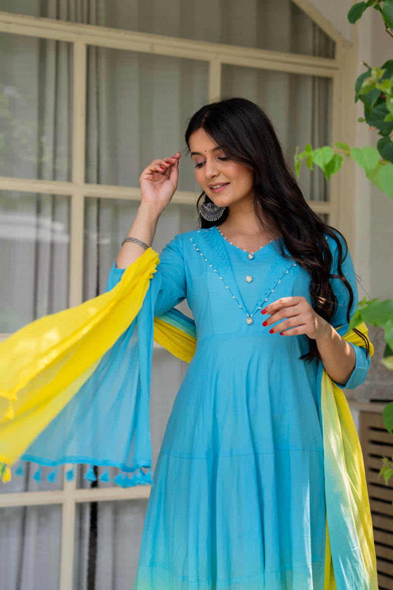 Women Tie& dye Cotton Anarkali Shape Kurta, Pant With Dupatta