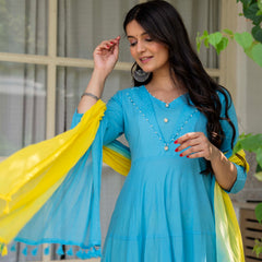 Women Tie& dye Cotton Anarkali Shape Kurta, Pant With Dupatta