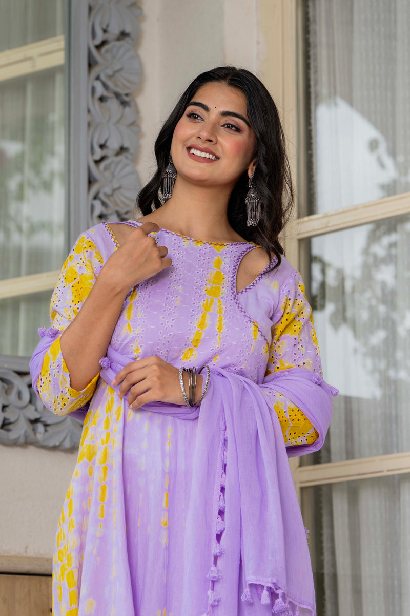 Women Tie& dye Mulcotton Anarkali Shape Kurta, Pant With Dupatta