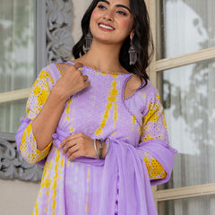 Women Tie& dye Mulcotton Anarkali Shape Kurta, Pant With Dupatta