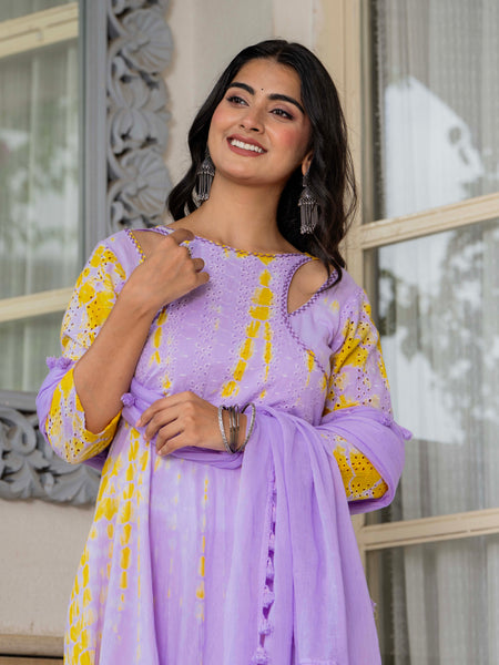Women Tie& dye Mulcotton Anarkali Shape Kurta, Pant With Dupatta