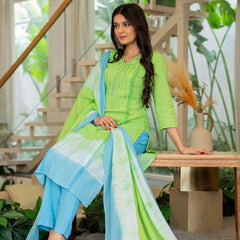 Women Tie& Dye Cotton Straight Shape Kurta , Pant With Dupatta