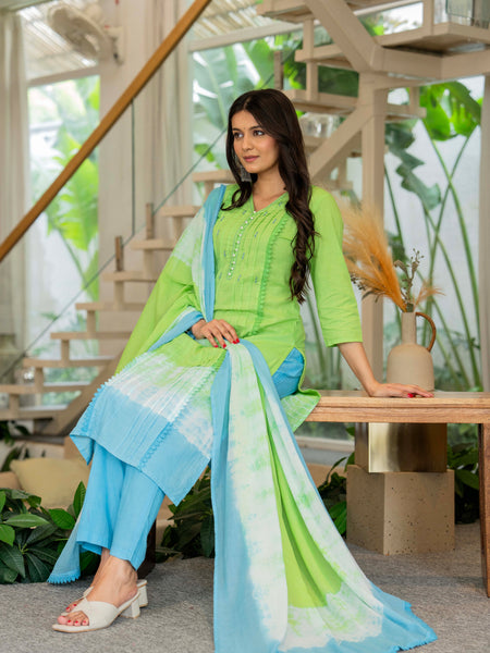 Women Tie& Dye Cotton Straight Shape Kurta , Pant With Dupatta
