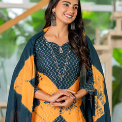 Women Tie& Dye Cotton Lapet Straight Shape Kurta , Pant With Dupatta