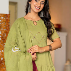 Women Tie& dye Mulcotton Anarkali Shape Kurta, Pant With Dupatta