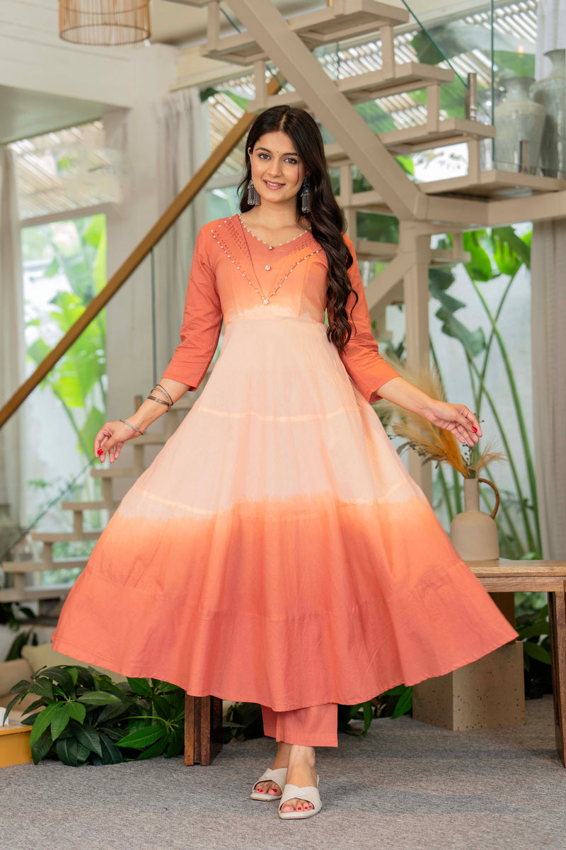 Women Tie& dye Cotton Anarkali Shape Kurta, Pant With Dupatta