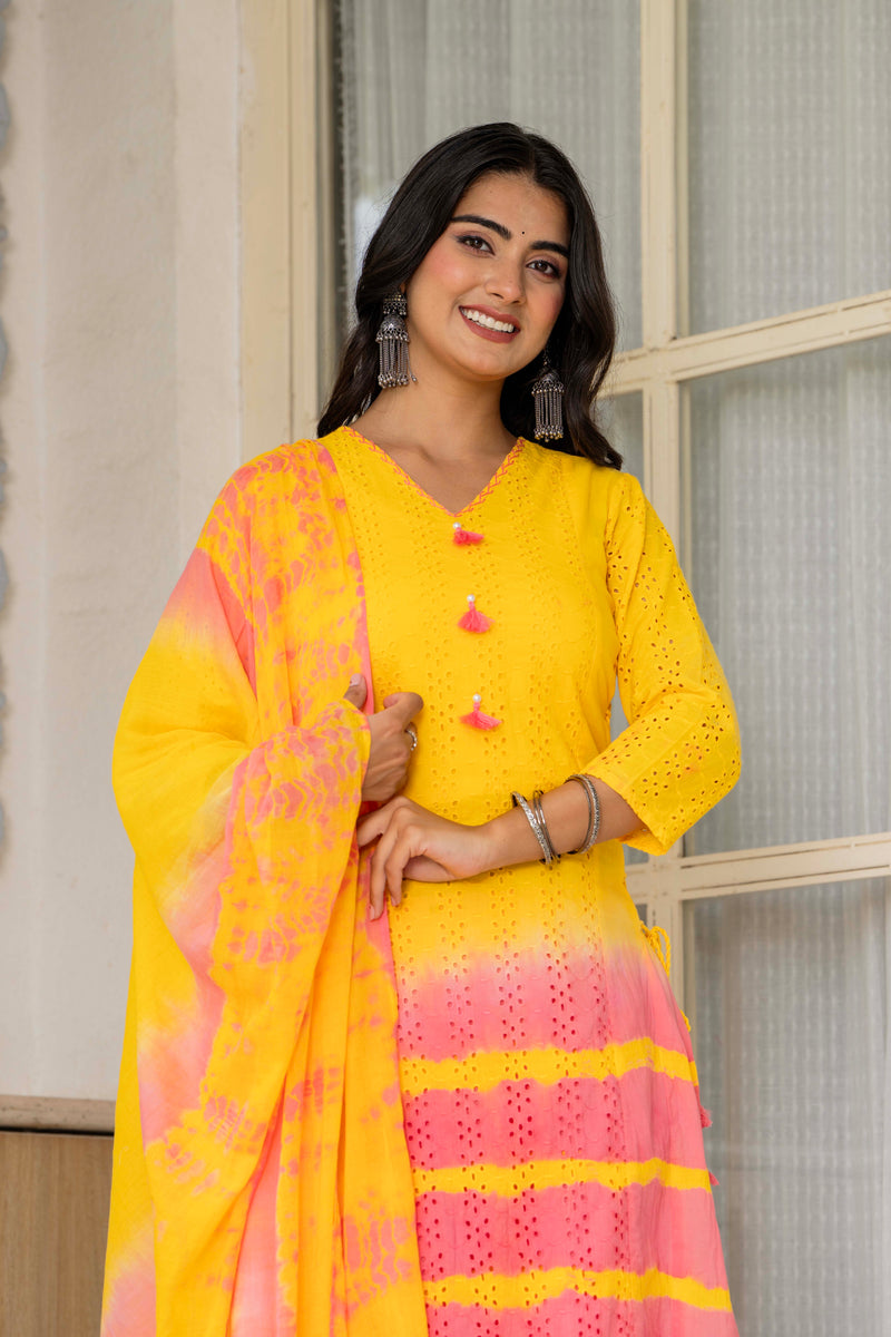 Women Tie& Dye Cotton Straight Shape Kurta , Pant With Dupatta