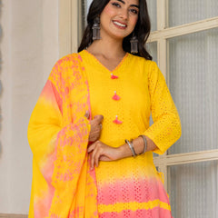 Women Tie& Dye Cotton Straight Shape Kurta , Pant With Dupatta