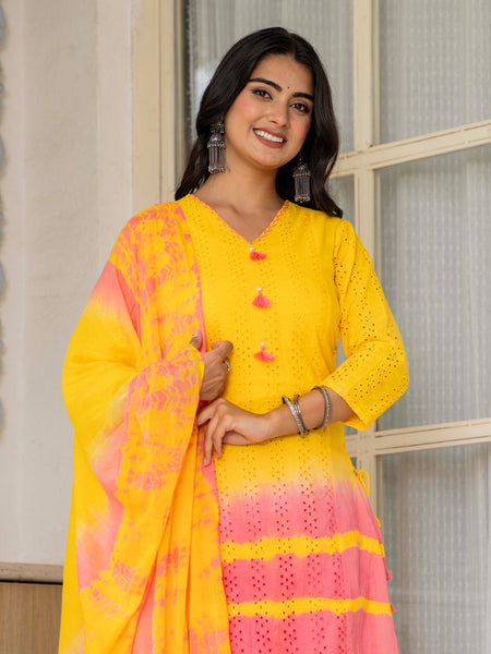 Women Tie& Dye Cotton Straight Shape Kurta , Pant With Dupatta