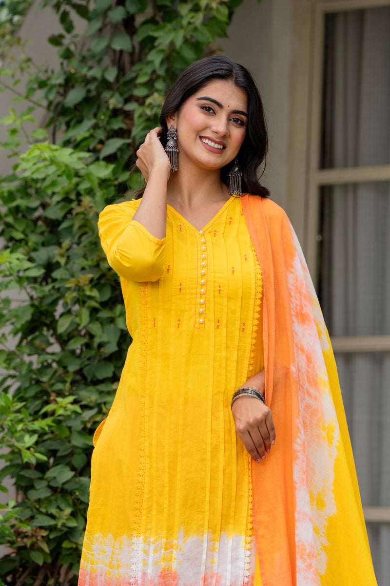 Women Tie& Dye Cotton Straight Shape Kurta , Pant With Dupatta