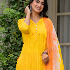 Women Tie& Dye Cotton Straight Shape Kurta , Pant With Dupatta