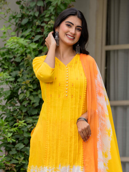 Women Tie& Dye Cotton Straight Shape Kurta , Pant With Dupatta