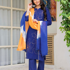Women Blue Manual Embroiderey Straight Shape Kurta , Pant With Dupatta