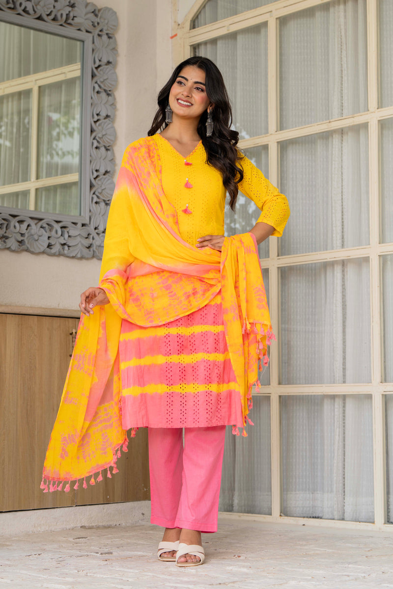 Women Tie& Dye Cotton Straight Shape Kurta , Pant With Dupatta