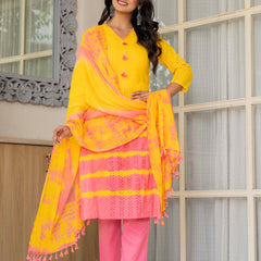 Women Tie& Dye Cotton Straight Shape Kurta , Pant With Dupatta