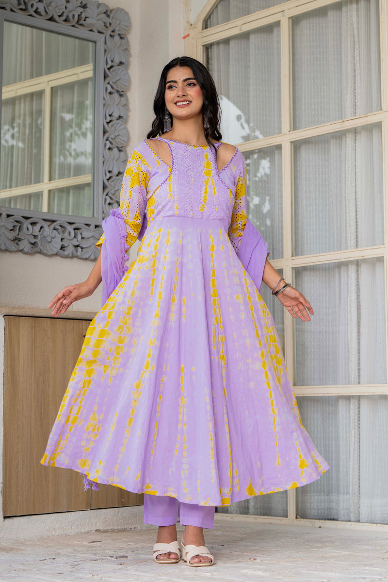 Women Tie& dye Mulcotton Anarkali Shape Kurta, Pant With Dupatta