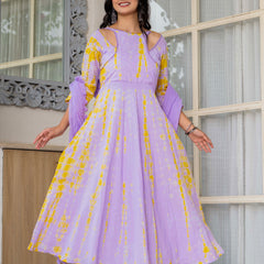 Women Tie& dye Mulcotton Anarkali Shape Kurta, Pant With Dupatta