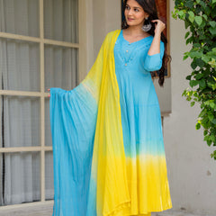 Women Tie& dye Cotton Anarkali Shape Kurta, Pant With Dupatta