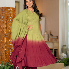 Women Tie& dye Mulcotton Anarkali Shape Kurta, Pant With Dupatta