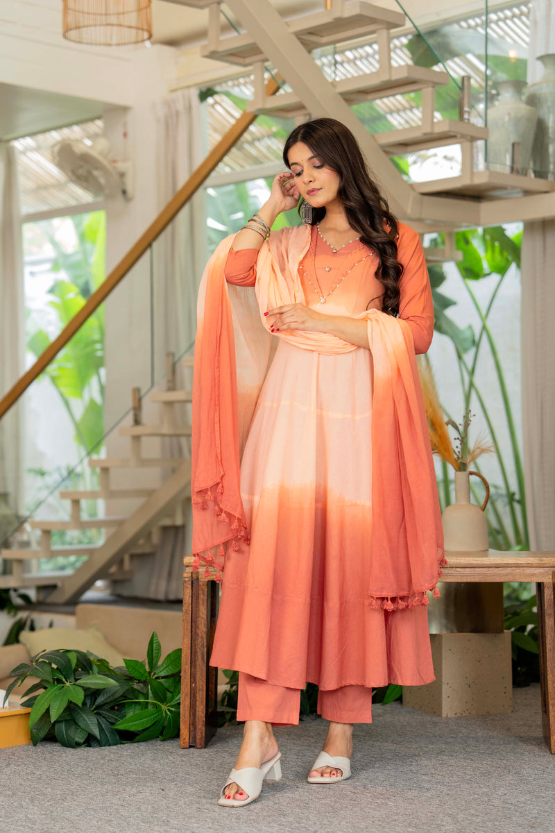 Women Tie& dye Cotton Anarkali Shape Kurta, Pant With Dupatta