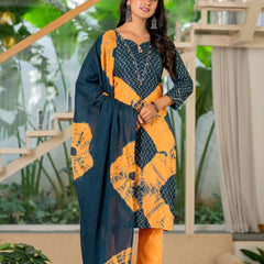 Women Tie& Dye Cotton Lapet Straight Shape Kurta , Pant With Dupatta