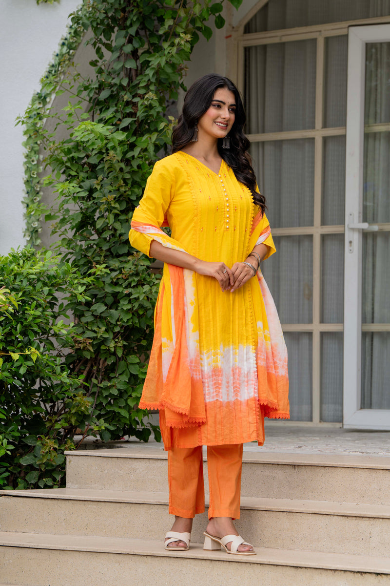 Women Tie& Dye Cotton Straight Shape Kurta , Pant With Dupatta