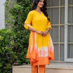 Women Tie& Dye Cotton Straight Shape Kurta , Pant With Dupatta
