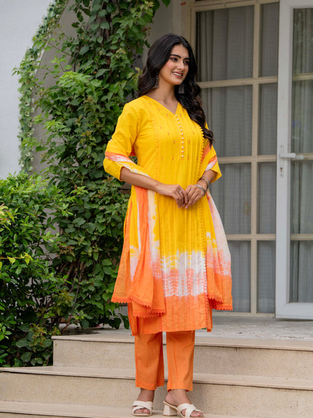 Women Tie& Dye Cotton Straight Shape Kurta , Pant With Dupatta