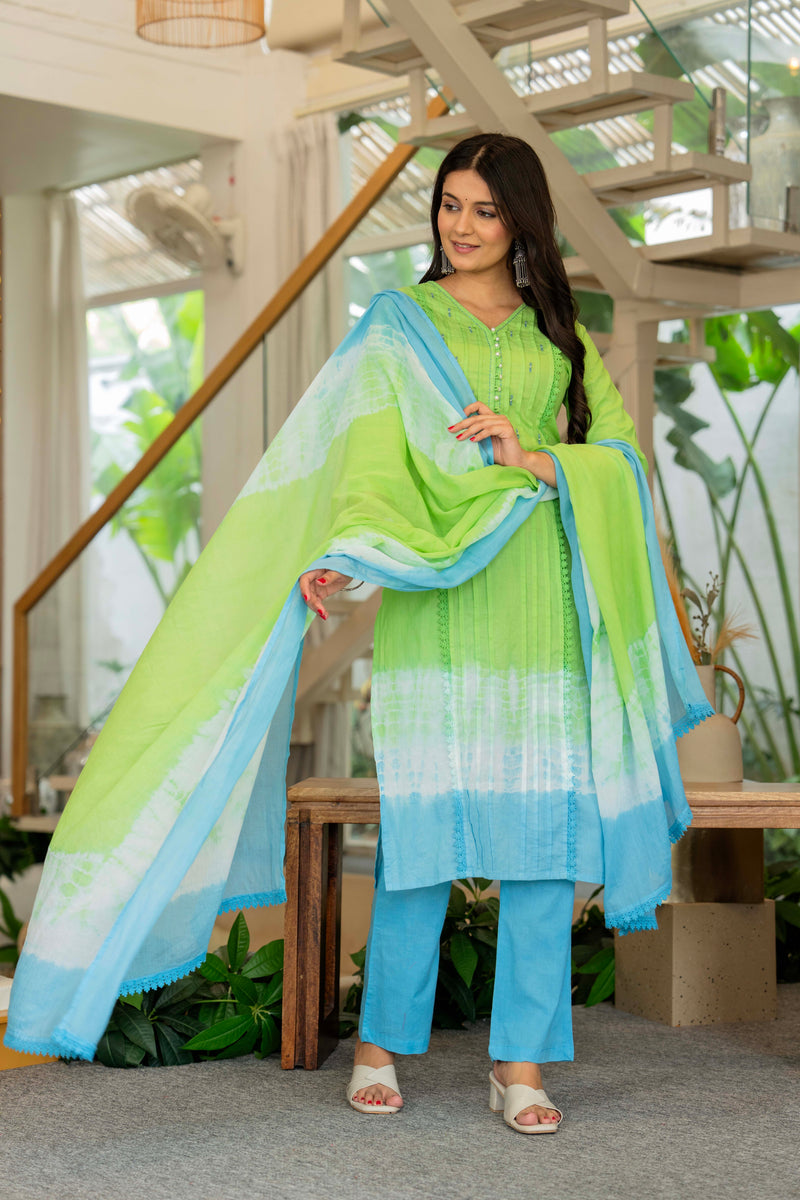 Women Tie& Dye Cotton Straight Shape Kurta , Pant With Dupatta
