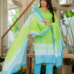 Women Tie& Dye Cotton Straight Shape Kurta , Pant With Dupatta
