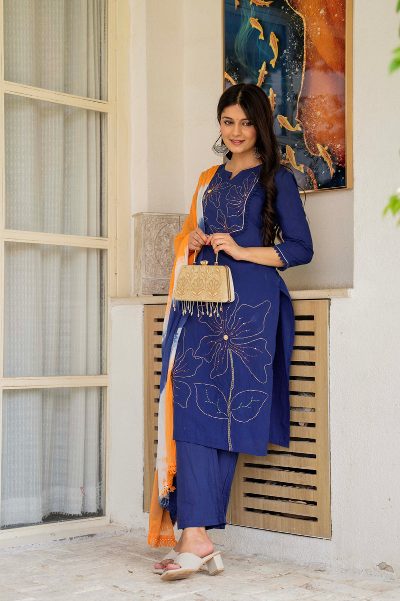 Women Blue Manual Embroiderey Straight Shape Kurta , Pant With Dupatta