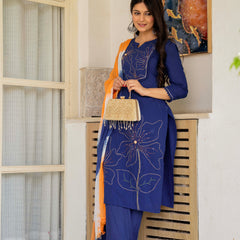 Women Blue Manual Embroiderey Straight Shape Kurta , Pant With Dupatta