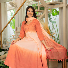 Women Tie& dye Cotton Anarkali Shape Kurta, Pant With Dupatta