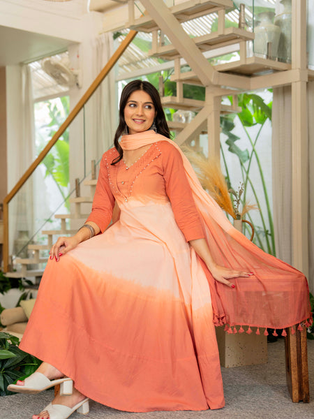 Women Tie& dye Cotton Anarkali Shape Kurta, Pant With Dupatta