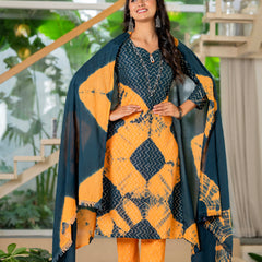 Women Tie& Dye Cotton Lapet Straight Shape Kurta , Pant With Dupatta