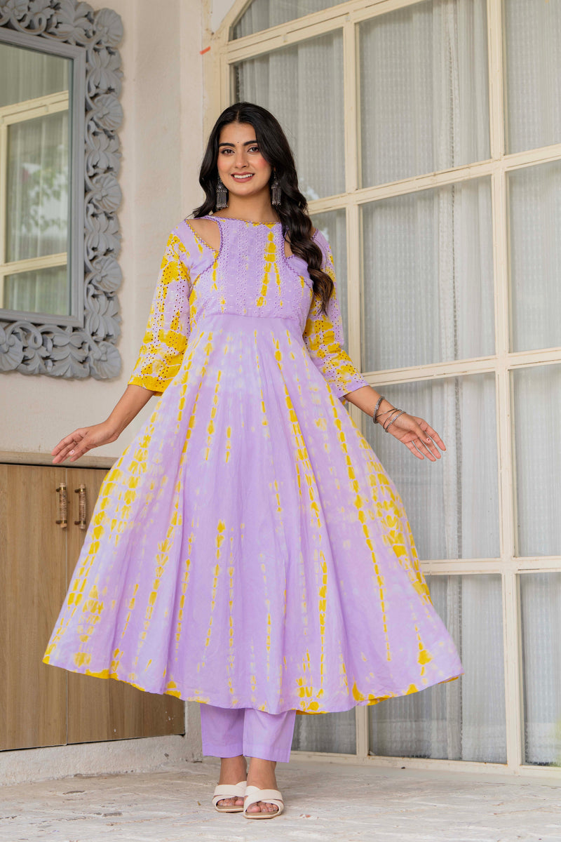 Women Tie& dye Mulcotton Anarkali Shape Kurta, Pant With Dupatta
