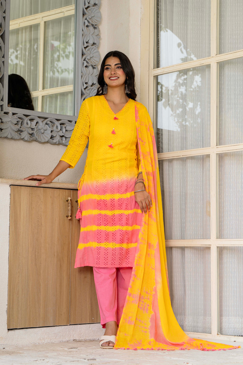 Women Tie& Dye Cotton Straight Shape Kurta , Pant With Dupatta