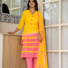 Women Tie& Dye Cotton Straight Shape Kurta , Pant With Dupatta