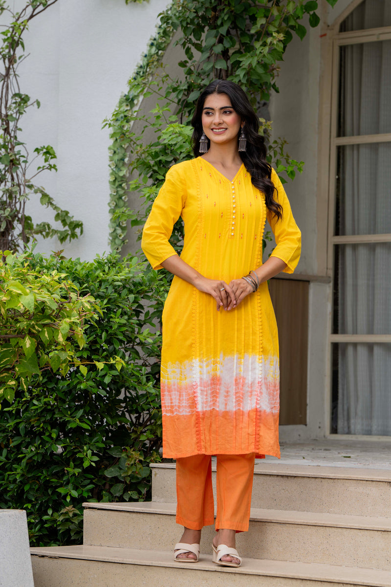 Women Tie& Dye Cotton Straight Shape Kurta , Pant With Dupatta