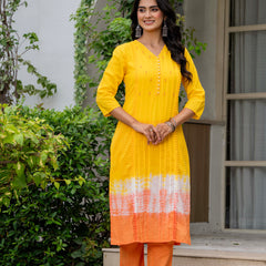 Women Tie& Dye Cotton Straight Shape Kurta , Pant With Dupatta
