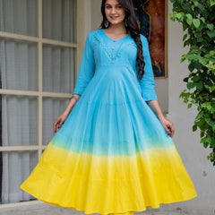 Women Tie& dye Cotton Anarkali Shape Kurta, Pant With Dupatta