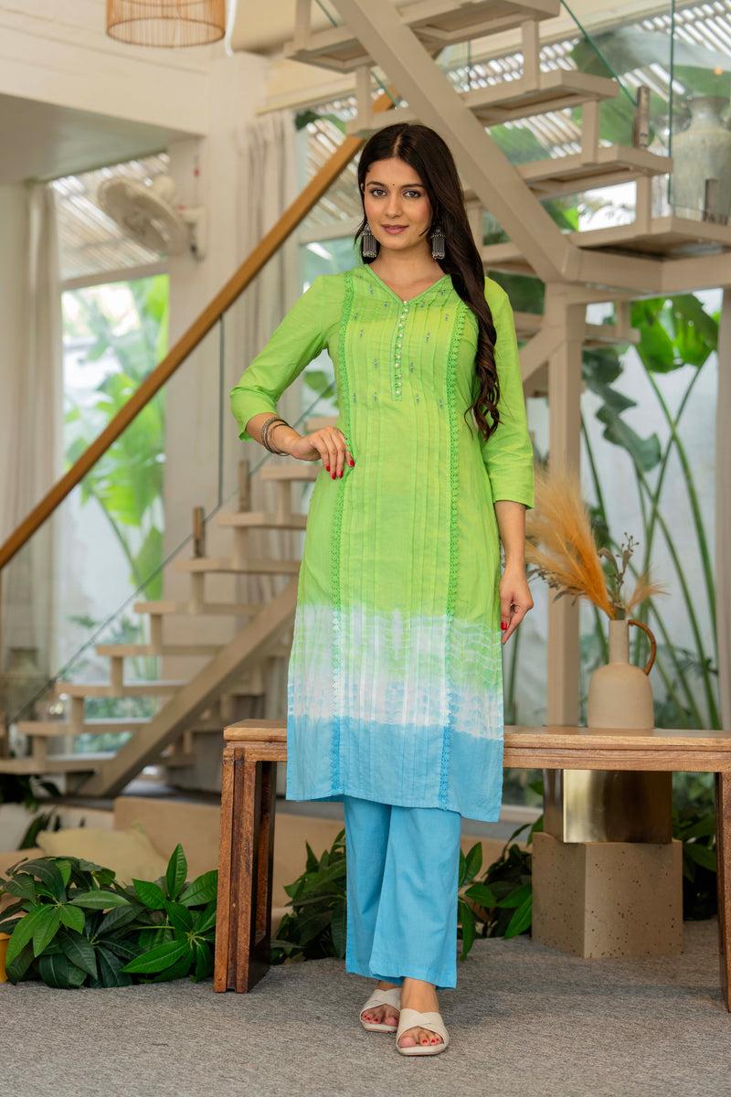 Women Tie& Dye Cotton Straight Shape Kurta , Pant With Dupatta